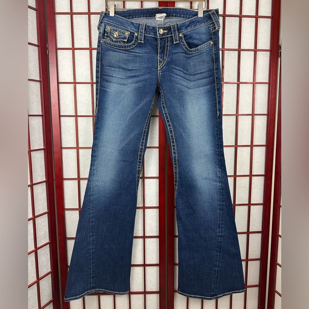 Vintage True Religion Low Rise Blue Medium Wash Bootcut Jeans Bling Gold Details
